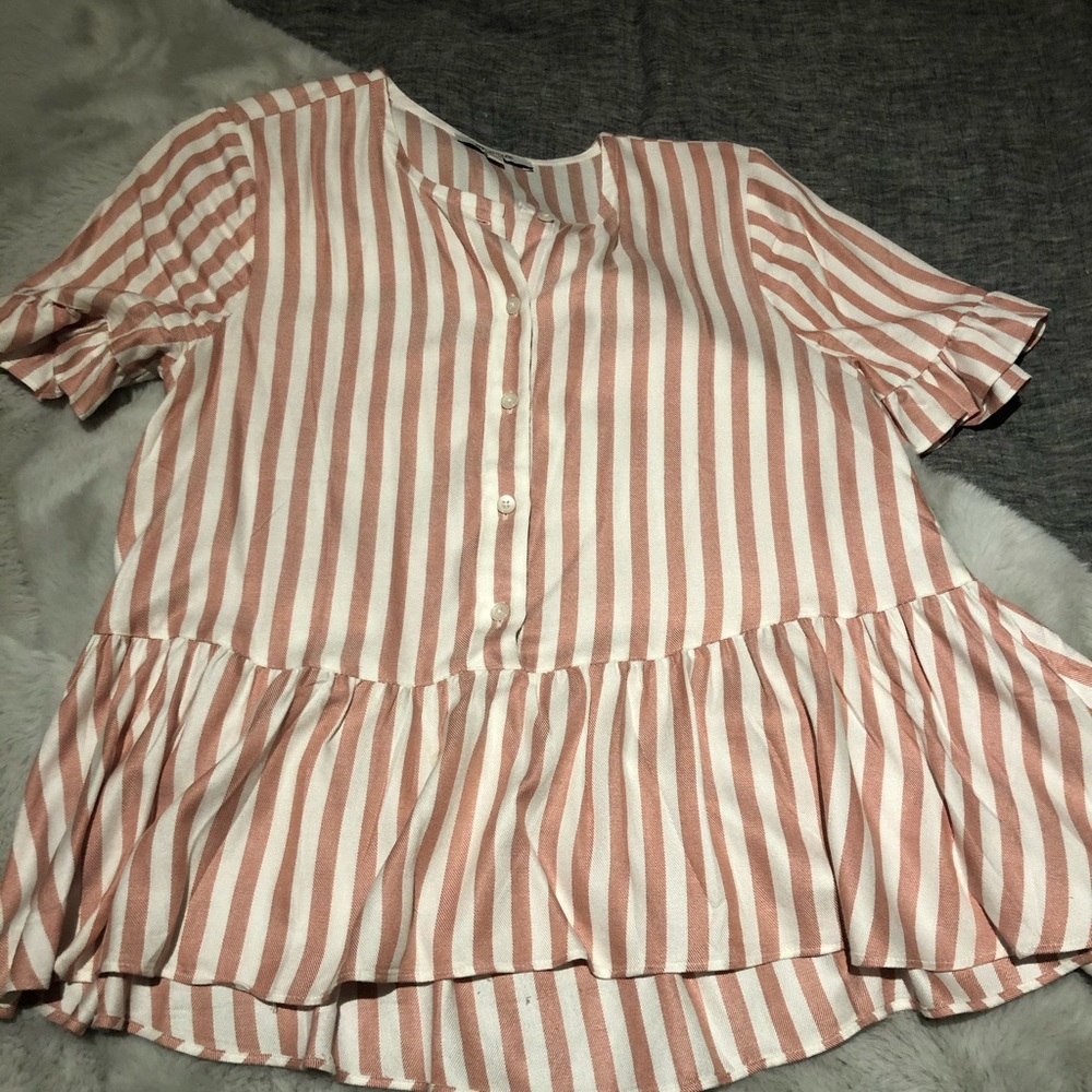 Madewell studio ruffle hem top in Cecilia stripe.